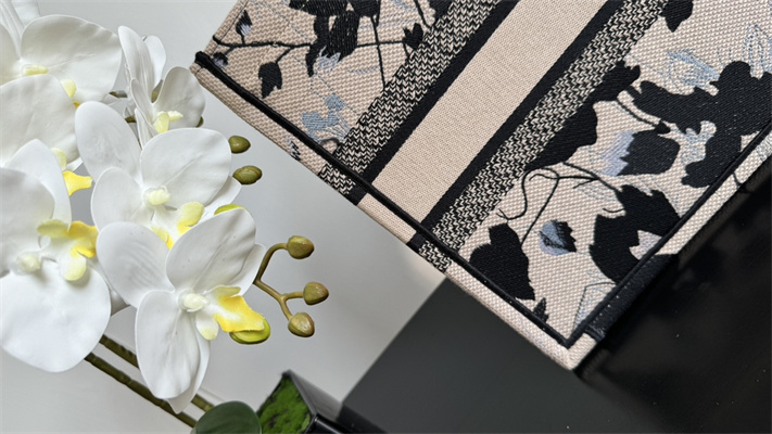 CD Medium Book Tote Beige and Black Fleurs Mystiques Embroidery