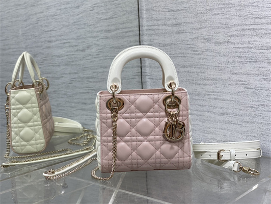 cd mini lady D*or bag two tones cannage lambskin gold tone metal pink and latte