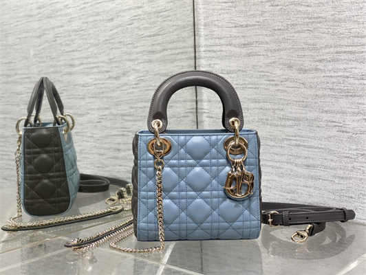 cd mini lady D*or bag two tones cannage lambskin gold tone metal blue and grey