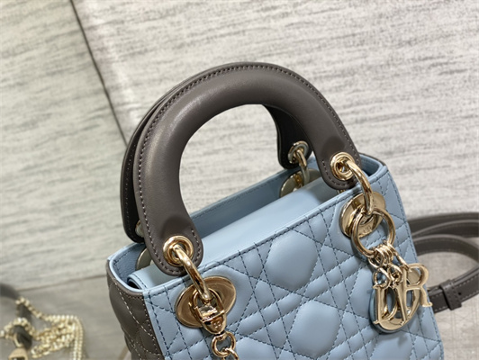 cd mini lady D*or bag two tones cannage lambskin gold tone metal blue and grey