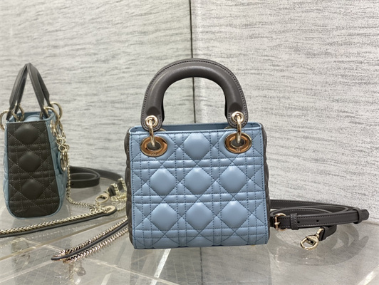 cd mini lady D*or bag two tones cannage lambskin gold tone metal blue and grey