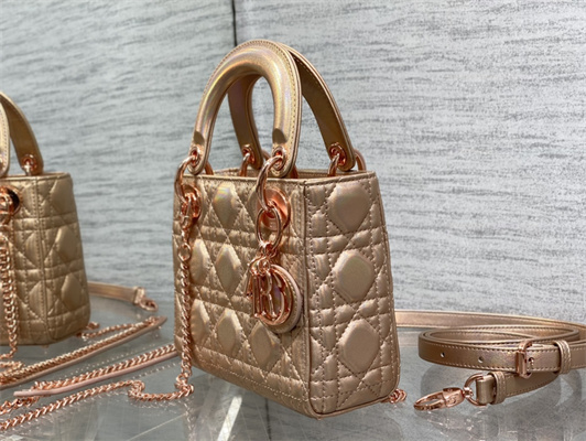 cd mini lady D*or bag cannage lambskin iridescent metallic rose gold tone
