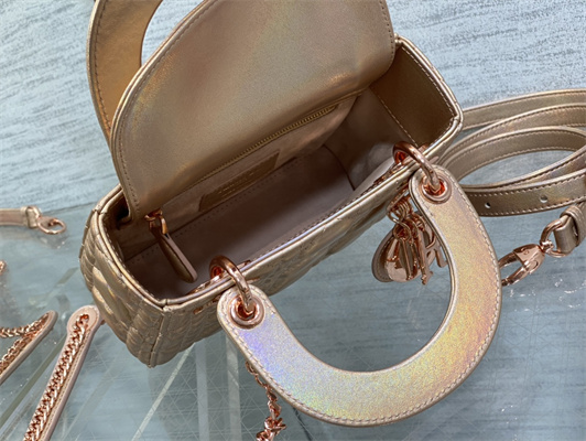 cd mini lady D*or bag cannage lambskin iridescent metallic rose gold tone