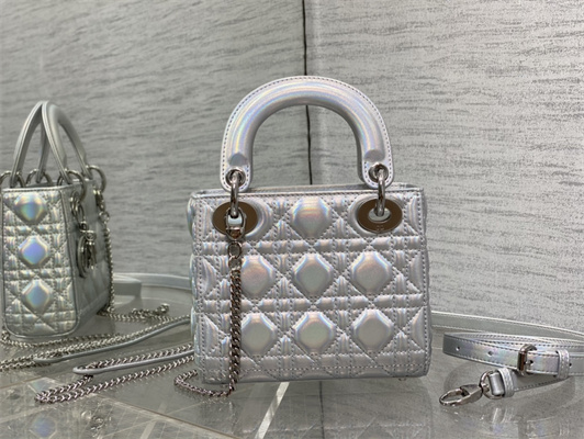 cd mini lady D*or bag cannage lambskin iridescent metallic silver tone
