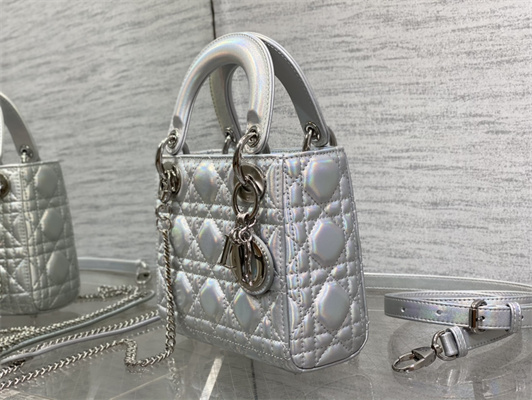 cd mini lady D*or bag cannage lambskin iridescent metallic silver tone