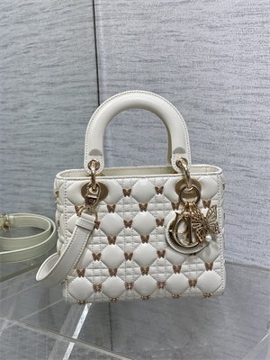 CD Small Lady Di.or Bag Cannage Lambskin With Gold Finish Butterfly Studs White