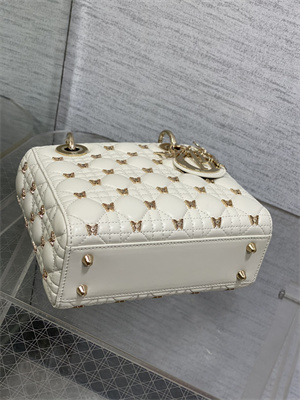 CD Small Lady Di.or Bag Cannage Lambskin With Gold Finish Butterfly Studs White