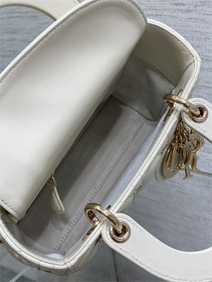 CD Small Lady Di.or Bag Cannage Lambskin With Gold Finish Butterfly Studs White