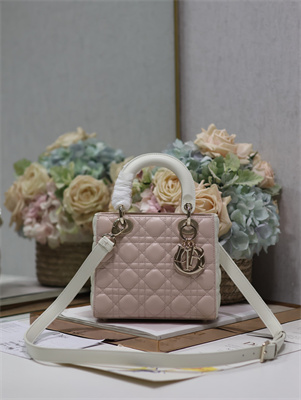 CD Small Lady Di.or Bag Two Tones Cannage Lambskin Gold Tone Metal Pink and Latte