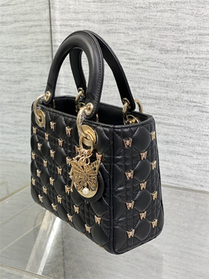 CD Small Lady Di.or Bag Cannage Lambskin With Gold Finish Butterfly Studs Black