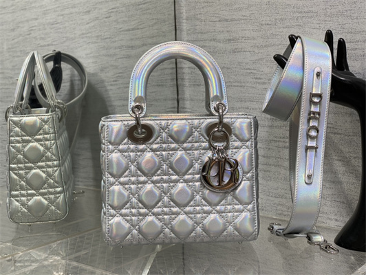 cd small lady di.or my abcD*or bag cannage lambskin iridescent metallic silver tone