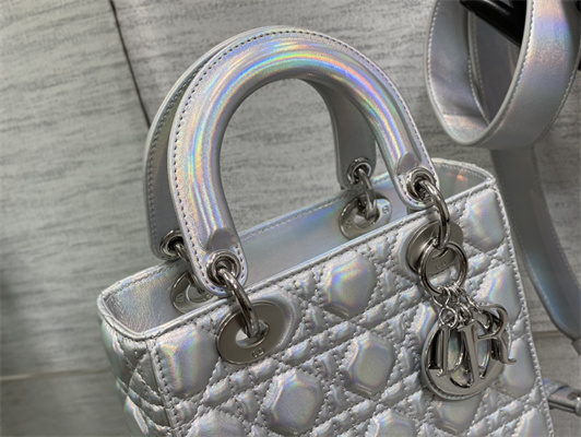 cd small lady di.or my abcD*or bag cannage lambskin iridescent metallic silver tone