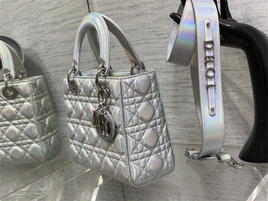 cd small lady di.or my abcD*or bag cannage lambskin iridescent metallic silver tone