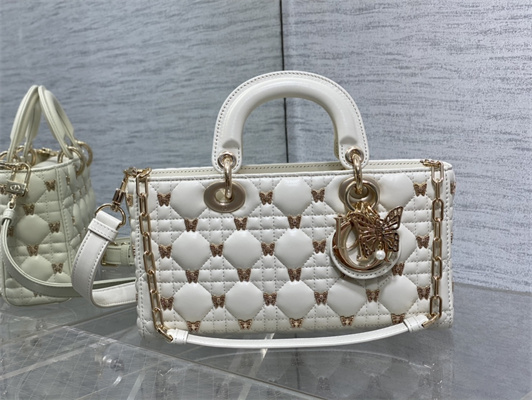 CD Medium Lady D-Joy Bag Cannage Lambskin With Golden Butterfly Gold Tone Metal White