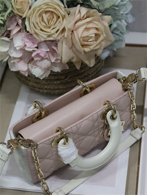CD Small Lady D-Joy Bag Two Tones Cannage Lambskin Gold Tone Metal Pink and Latte