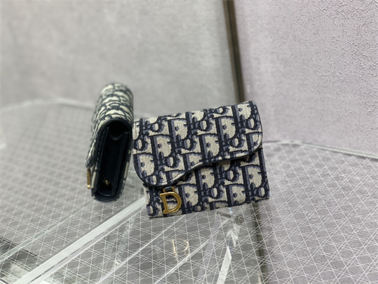 cd saddle lotus trifold wallet blue D*or oblique jacquard