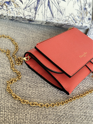 CD Long Saddle Wallet With Chain Grained Calfskin Orange Red