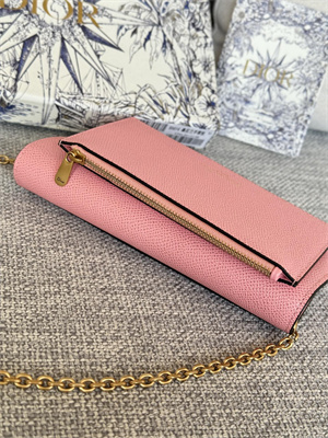 CD Long Saddle Wallet With Chain Grained Calfskin Pink