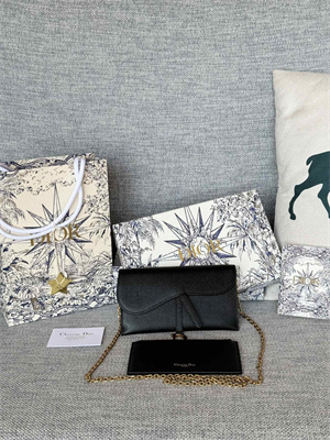 CD Long Saddle Wallet With Chain Grained Calfskin Black