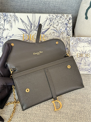 CD Long Saddle Wallet With Chain Grained Calfskin Black