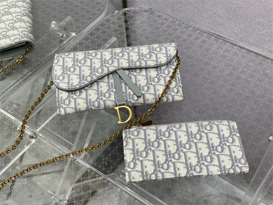 CD Long Saddle Wallet With Chain Gray Oblique Jacquard