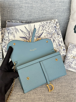 CD Long Saddle Wallet With Chain Grained Calfskin Blue