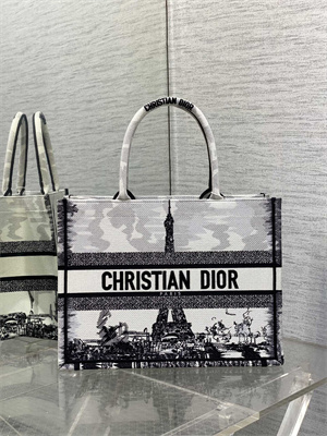 CD Medium Book Tote White and Black Paris Embroidery