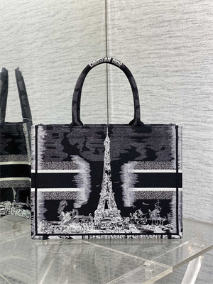 CD Medium Book Tote Black and White Paris Embroidery