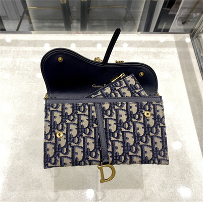 CD Long Saddle Wallet With Chain Blue Oblique Jacquard