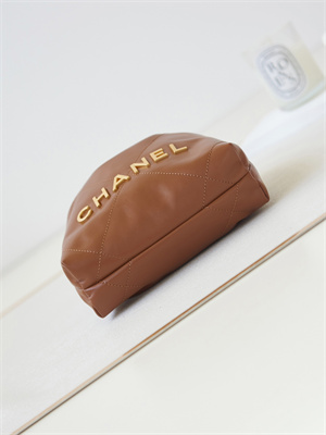 Cha.nel 22 Mini Handbag Shiny Calfskin Gold Tone Metal Tan AS3980