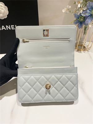 Cha.nel Wallet On Chain Rhinestone Lambskin Gold-Tone Metal Grey Blue AP3796