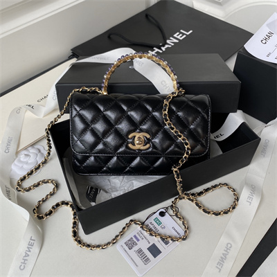 Cha.nel Clutch With Chain Shiny Crumpled Lambskin, Imitation Pearls & Gold-Tone Metal Black AP3803