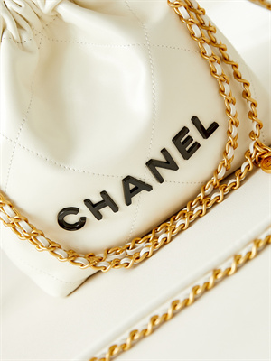 Cha.nel 22 Mini Handbag Shiny Calfskin Gold Tone Metal White With Black Letters AS3980