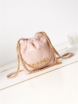 Cha.nel 22 Mini Handbag Shiny Calfskin Gold Tone Metal Lt Pink AS3980