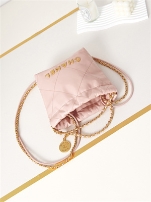 Cha.nel 22 Mini Handbag Shiny Calfskin Gold Tone Metal Lt Pink AS3980