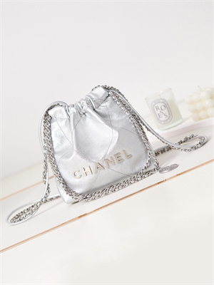 Cha.nel 22 Mini Handbag Metallic Shaded Calfskin Silver Tone Metal  AS3980