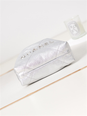 Cha.nel 22 Mini Handbag Metallic Shaded Calfskin Silver Tone Metal  AS3980