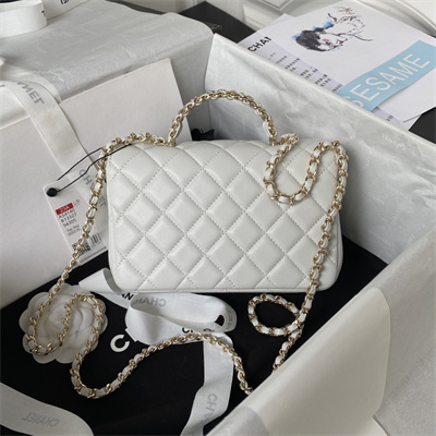 cha.nel mini flap bag with Di*m*nd top handle lambskin gold tone metal white as4140