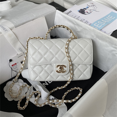 cha.nel mini flap bag with Di*m*nd top handle lambskin gold tone metal white as4140