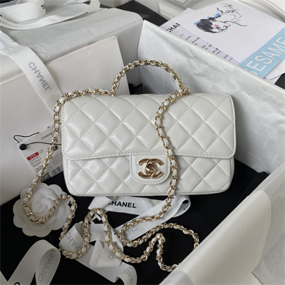 cha.nel small flap bag with Di*m*nd top handle lambskin gold tone metal white as4141