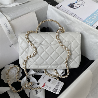 cha.nel small flap bag with Di*m*nd top handle lambskin gold tone metal white as4141