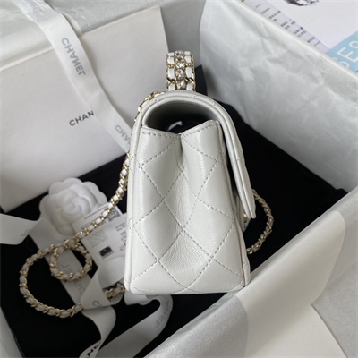 cha.nel small flap bag with Di*m*nd top handle lambskin gold tone metal white as4141