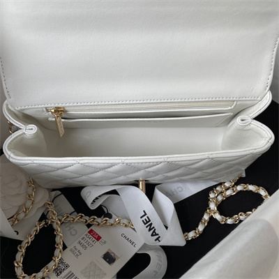 cha.nel small flap bag with Di*m*nd top handle lambskin gold tone metal white as4141