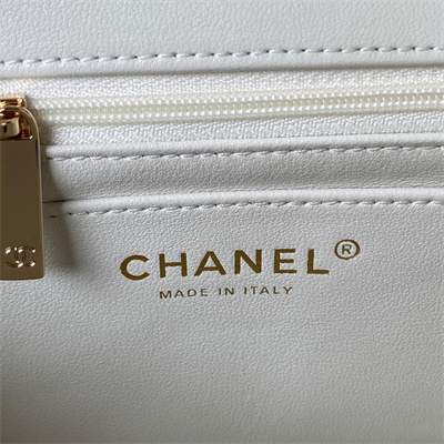 cha.nel small flap bag with Di*m*nd top handle lambskin gold tone metal white as4141