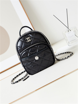 Cha.nel Backpack Nylon & Silver-Tone Metal Black AS4366