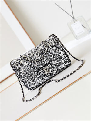 Ch*el mini flap bag satin, strass & silver-tone metal silver as4142