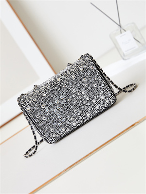 Ch*el mini flap bag satin, strass & silver-tone metal silver as4142