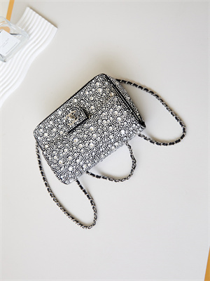 Ch*el mini flap bag satin, strass & silver-tone metal silver as4142