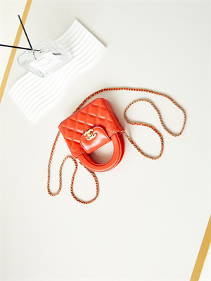 Ch*el clutch with chain shiny aged calfskin gold-tone metal orange  ap3435