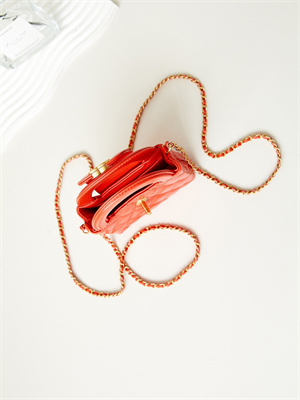 Ch*el clutch with chain shiny aged calfskin gold-tone metal orange  ap3435